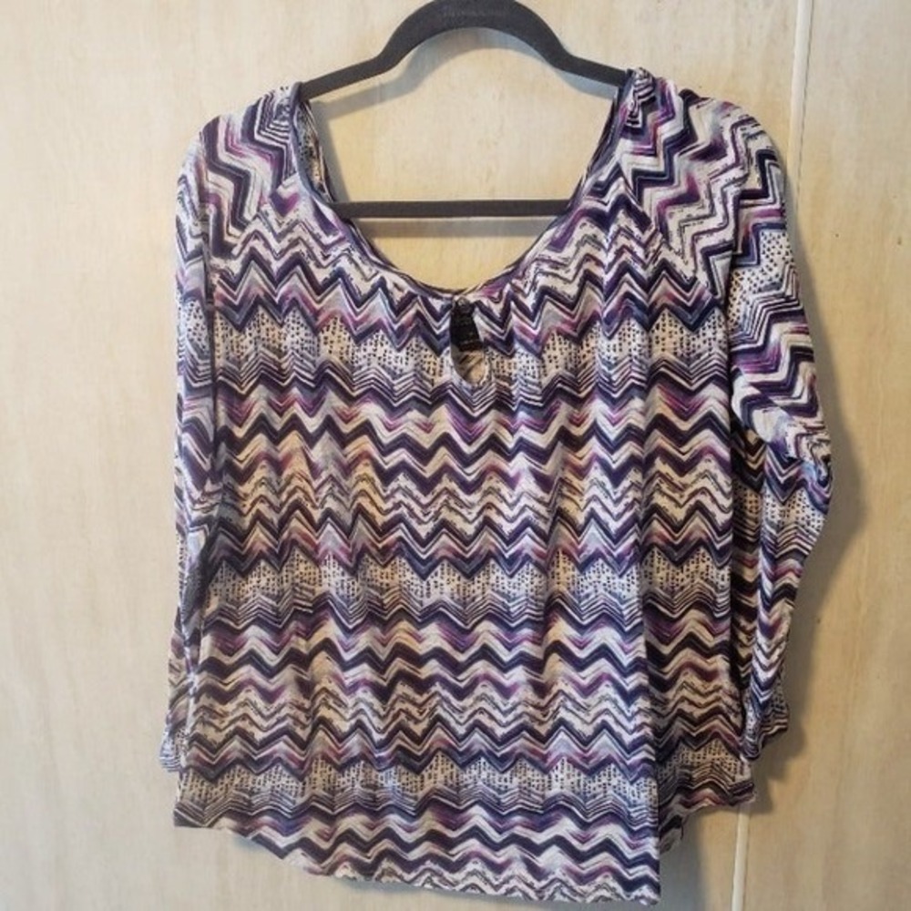 Lucky Brand Women's XL Pullover V Neck Zigzag Print Long Sleeve Shirt Purple